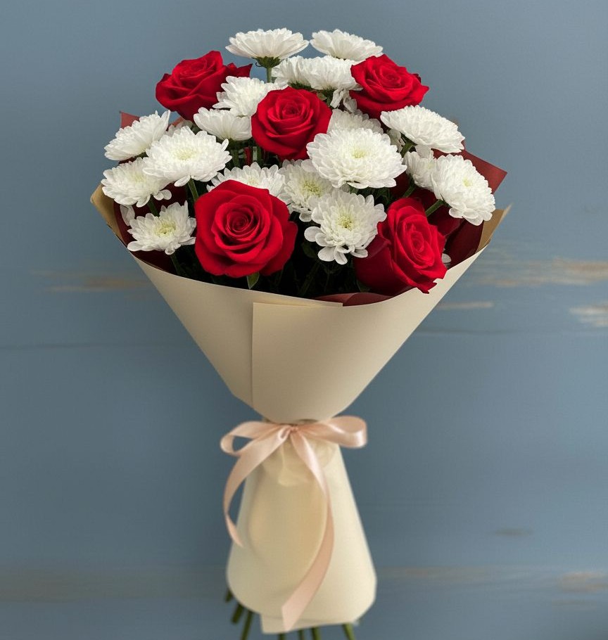 Букет романтическая гармония в Дарасун Букет цветов из: Розы и Хризантемы в Дарасун