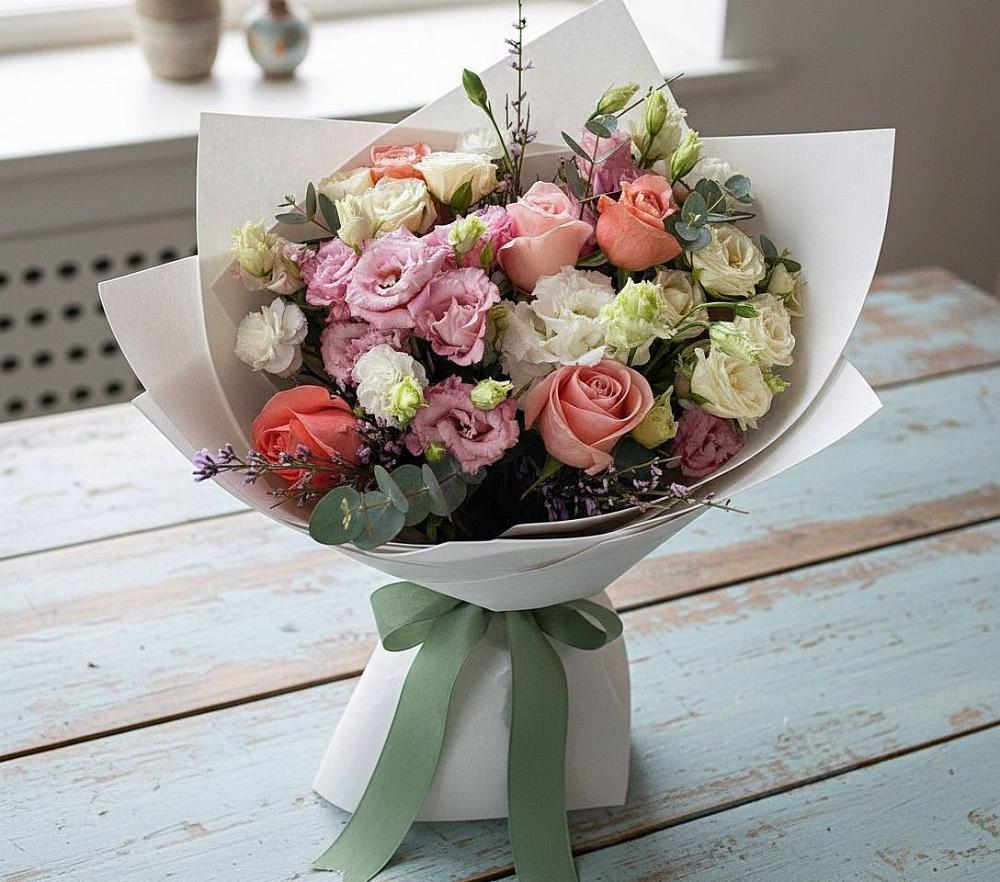 Букет цветов из: Розы, Лизиантусы и Гвоздики в Дарасун