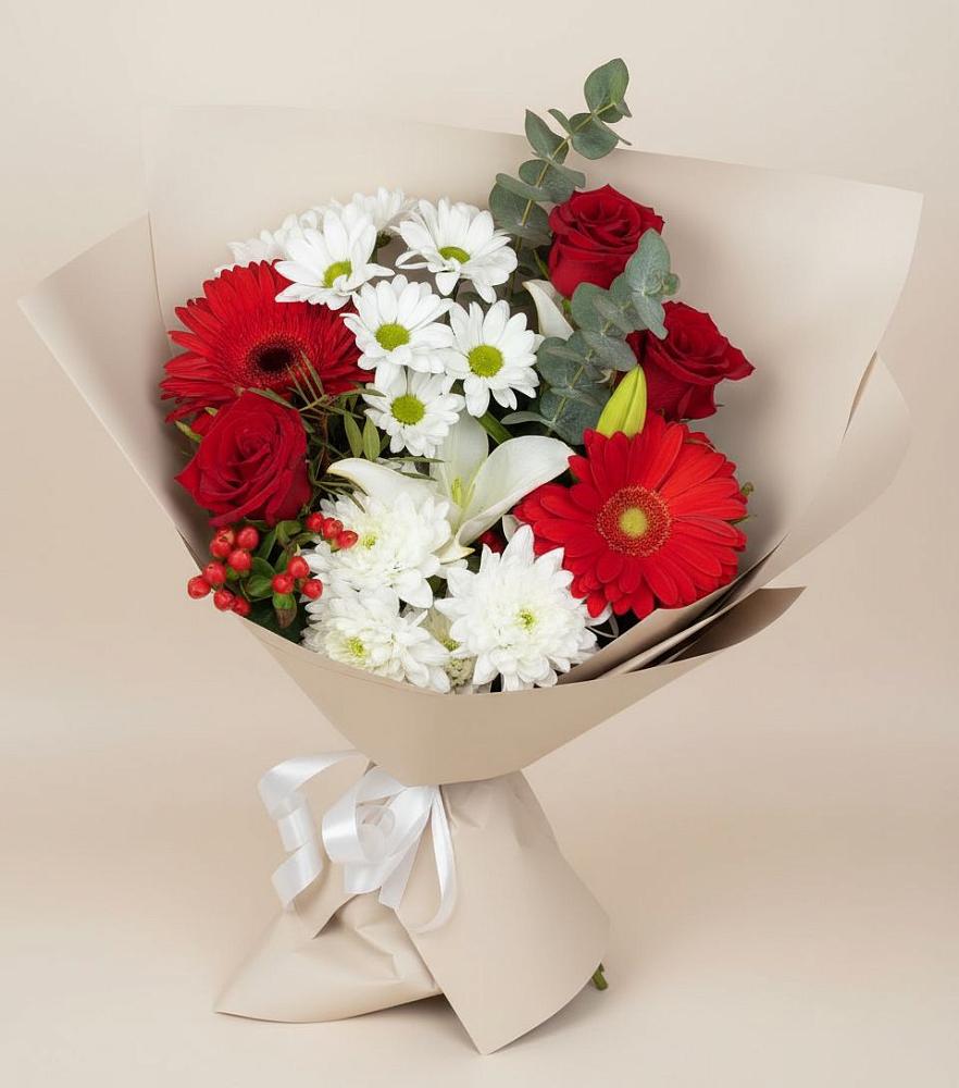 Букет поцелуй лета в Дарасун Букет цветов из: Розы, Хризантемы, Герберы и Лилии в Дарасун