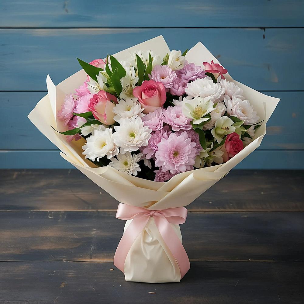 Букет Розовое очарование в Дарасун Букет цветов из: Хризантемы, Альстромерии и Розы в Дарасун